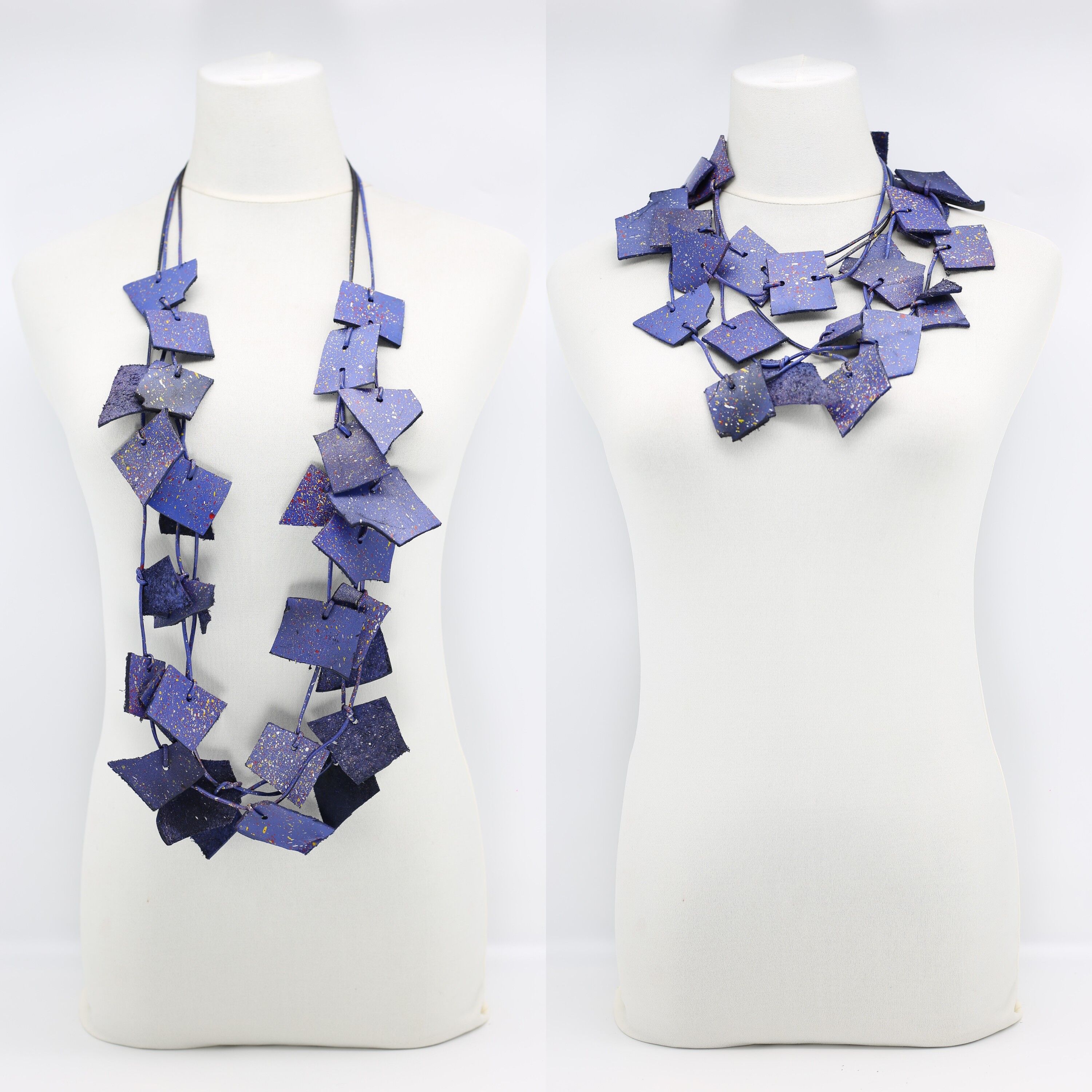 Halskette aus recyceltem Leder mit unregelmäßigen Formen - Kobaltblau und gelb/rote Tropfen