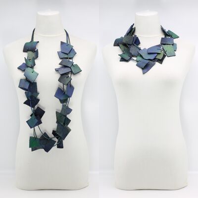 Recycled Leather Irregular Shapes Necklace - Green/Cobalt Blue & Silver/Blue/Yellow