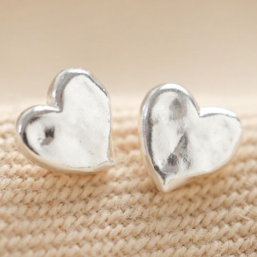 Hammered Heart Stud Earrings in Silver