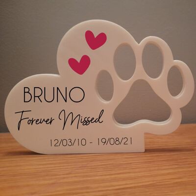 Dog Memorial Paw in Heart Freestanding Acrylic - 10mm White Acrylic