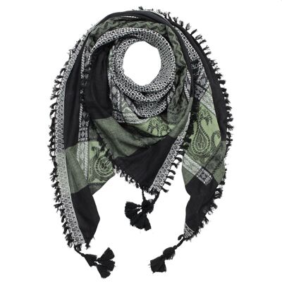 Stylishly detailed scarf in Pali look - black - olive green - pattern 1