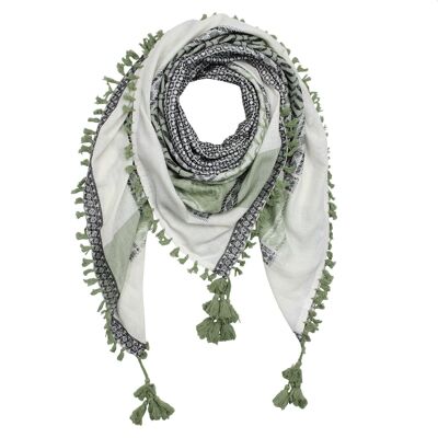 Stylishly detailed scarf in Pali look - natural - olive green - pattern 1