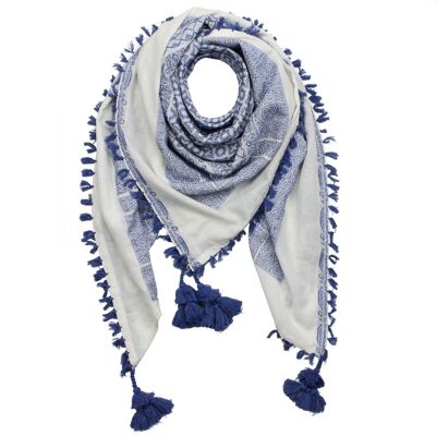Stylishly detailed scarf in Pali look - white - blue - pattern 4