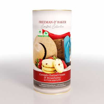 Freeman & Baker - Coastal Collection - Cornish Clotted Cream & Strawberry Butter Biscuits, Drum (200g)