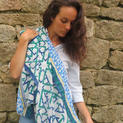 Pareo stole in Isfahan blue/green/ecru cotton