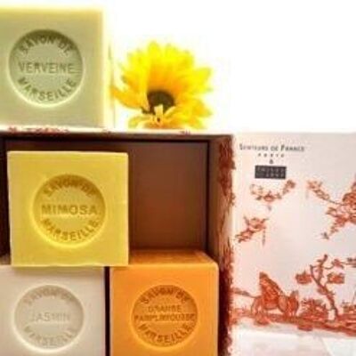 Box of jasmine, lemon, orange-grapefruit, verbena soaps