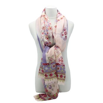 Etole foulard écharpe en laine Altai  motif mandalas rose doux 1