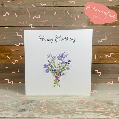 Biglietto di auguri di compleanno con bouquet viola