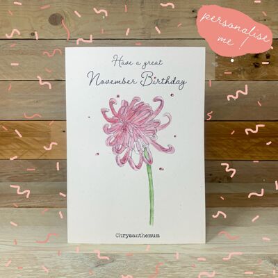 Crisantemo / Tarjeta de flor de nacimiento de noviembre