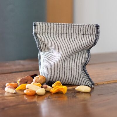 Striped Reusable Linen Snack Bag Dark Blue & Natural Stripes