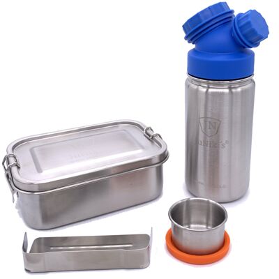 Premium Einschulungs-Set aus Edelstahl: JuNiki´s® Lunchbox + Trinkflasche isoliert 420ml 8 Farben - Blau