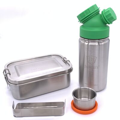Premium Einschulungs-Set aus Edelstahl: JuNiki´s® Lunchbox + Trinkflasche isoliert 420ml 8 Farben - Grün