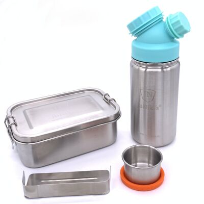 Premium Einschulungs-Set aus Edelstahl: JuNiki´s® Lunchbox + Trinkflasche isoliert 420ml 8 Farben - Türkis
