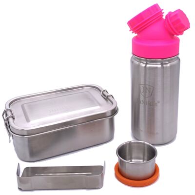 Premium Einschulungs-Set aus Edelstahl: JuNiki´s® Lunchbox + Trinkflasche isoliert 420ml 8 Farben - Pink