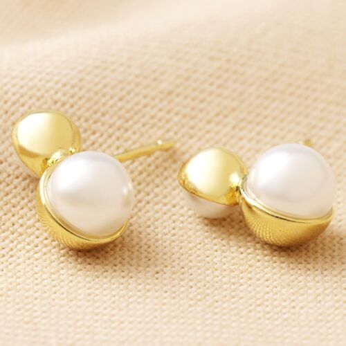 Double Half Pearl Stud Earrings in Gold