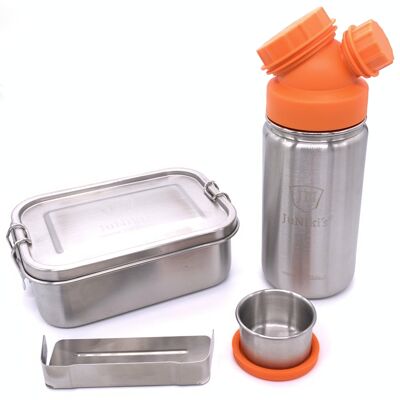 Premium Einschulungs-Set aus Edelstahl: JuNiki´s® Lunchbox + Trinkflasche isoliert 420ml 8 Farben - Orange
