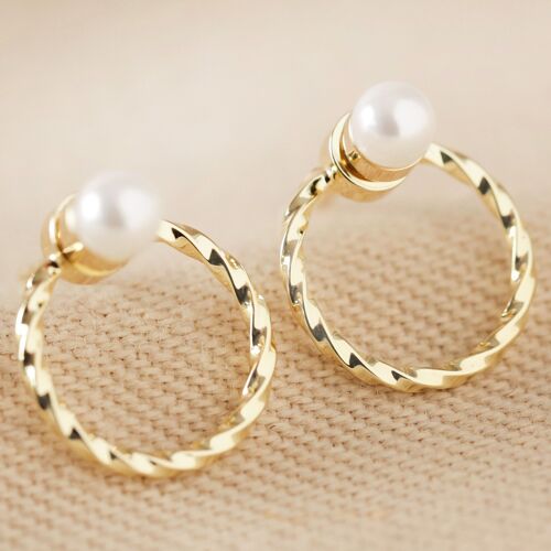 Twisted Hoop Pearl Crystal ( 4mm ) Earrings in Gold