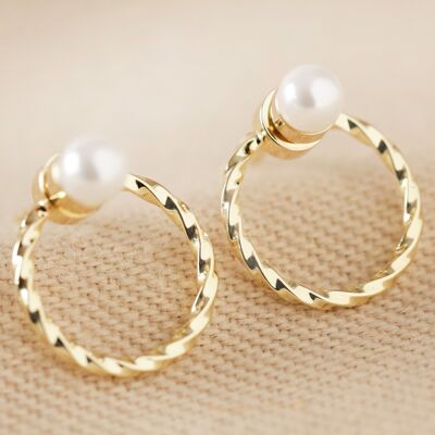 Twisted Hoop Pearl Crystal ( 4mm ) Earrings in Gold