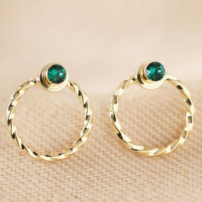 Twisted Hoop Emerald Green Swarovski Crystal ( 3mm ) Earrings in Gold