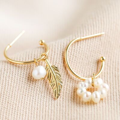 Mismatched Pearl Feather Hoop Earrings in Gold