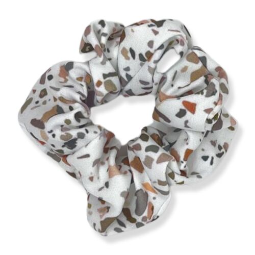 White Pink Grey Terrazzo Boho Print Hair Scrunchie