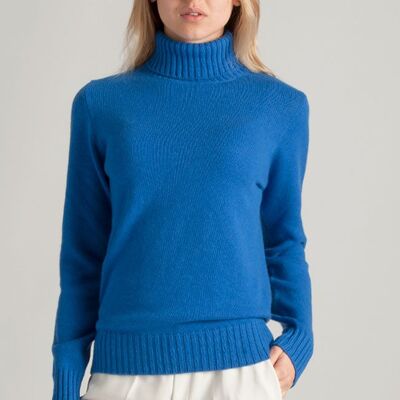 Maglione collo alto doppio filo 100% cashmere - Blu Cina