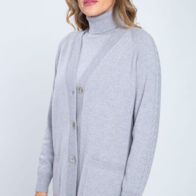 Cardigan con manica a treccia 100% cashmere - Grigio Chiaro