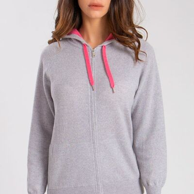 Felpa full zip 100% cashmere con cappuccio - Grigio Chiaro/Rosa Scuro