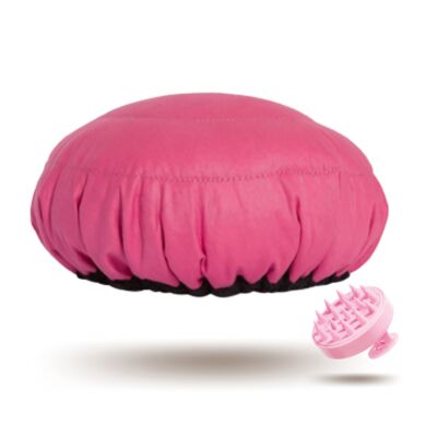 Hot Deep Conditioning Hair Treatment Steamer Cap Kit | “Retba Rose” Lava Cap + “Cotton Pink” Scalp Massager