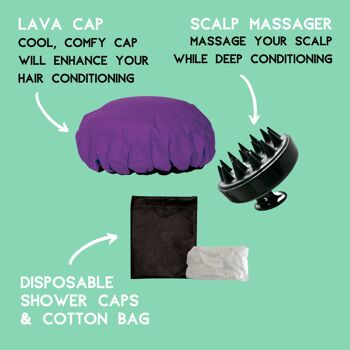 Kit de capuchon vapeur pour le traitement des cheveux en profondeur | Bonnet de lave « Purple Jacaranda » + masseur de cuir chevelu « Classic Black » 4