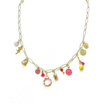 Necklace gold with pink charms