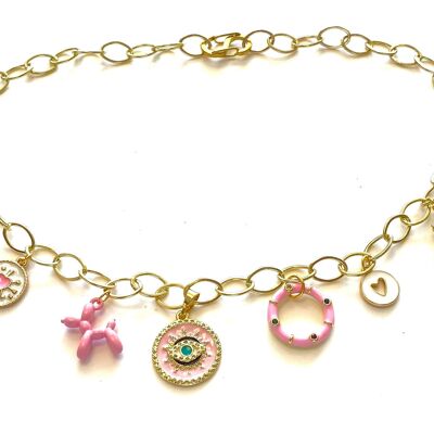 Necklace gold with pink charms