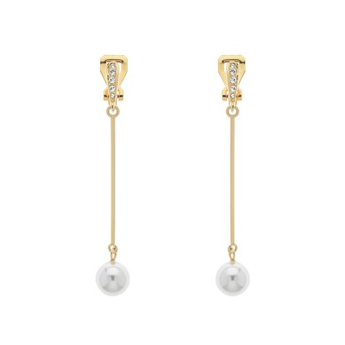 White Pearl on Gold Drop clip on Earrings