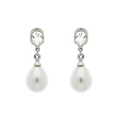 White Teardrop Pearl & Crystal clip on Earrings