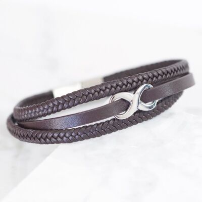 Men's Brown Leather Stainless Steel Infinity Bracelet - Medium