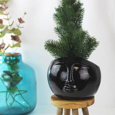 Clay flowerpot face L black from Mexico