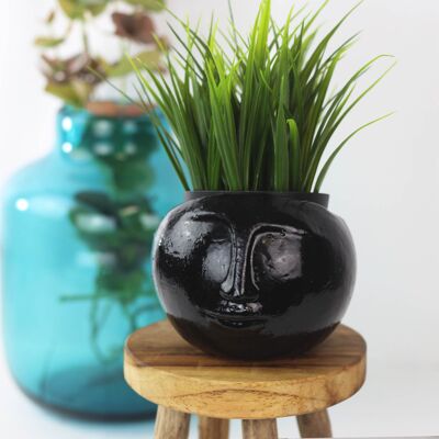 Clay flower pot face S black from Mexico