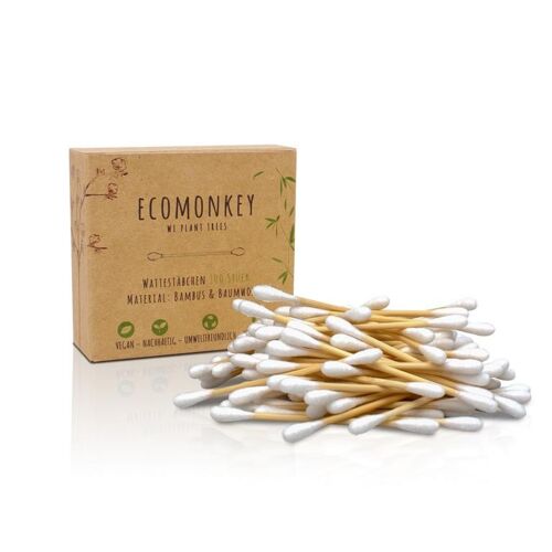 Bambus-Wattestäbchen mit Baumwolle 2er Pack (2x100 Stück)