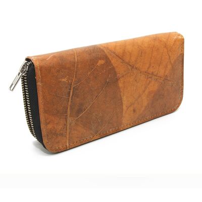Wallet with coin compartment and many compartments made of leaves, large, ladies, cognac