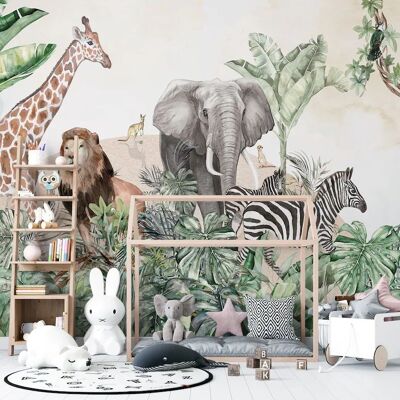 Papier peint panoramique zèbre, lion, girafe & éléphant