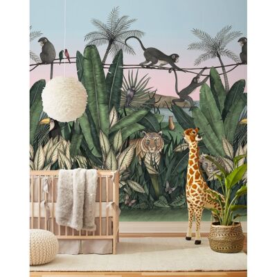 Papier peint panoramique tropical tigre & singe