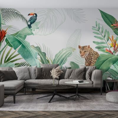 Papier peint panoramique jungle tropicale léopard & toucan