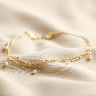 Set of 2 Pearl and Chain Anklet in Gold