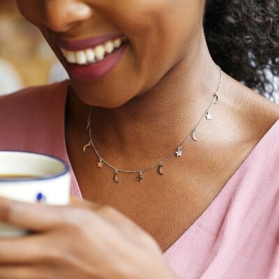 Silver Stainless Steel Star and Moon Charm Necklace