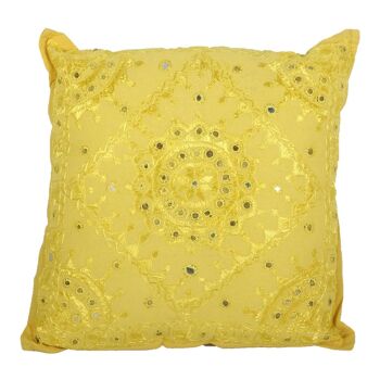 Coussin à sequins Yuva Jaune 40x40 cm avec remplissage & application de métal équipé Coussin décoratif Boho Chic carré 1