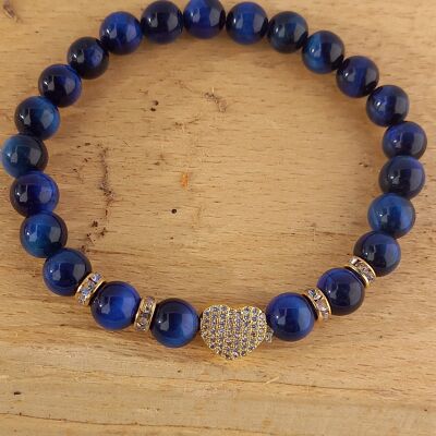 Gemstone bracelet blue tiger eye with rhinestone element