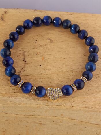 Bracelet pierre gemme oeil de tigre bleu avec élément strass