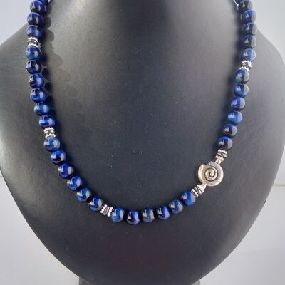 Gemstone necklace from blue tiger's eye with silver snail