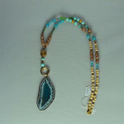 Gemstone necklace made of acacia wood, moonstone, jade with pendant