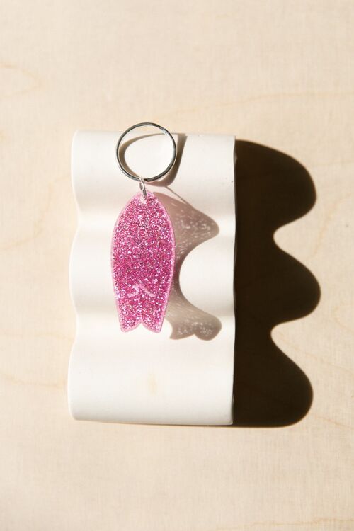 Porte-clés planche de surf glitter rose motif vague